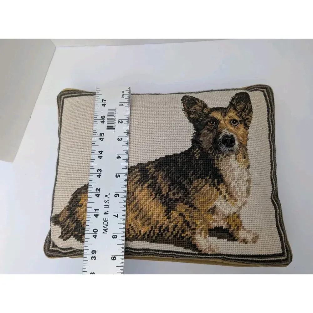 Vintage Cardigan Welsh Corgi Needlepoint Dog Pillow Brindle Hand Stitched
